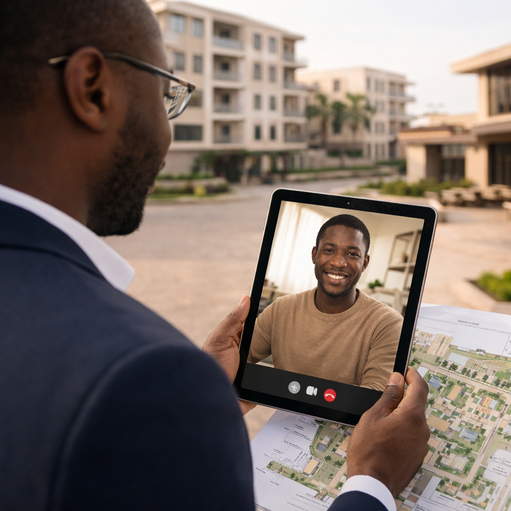 Property advisor on a video call with a diaspora client, reviewing site plans at a development in Ghana